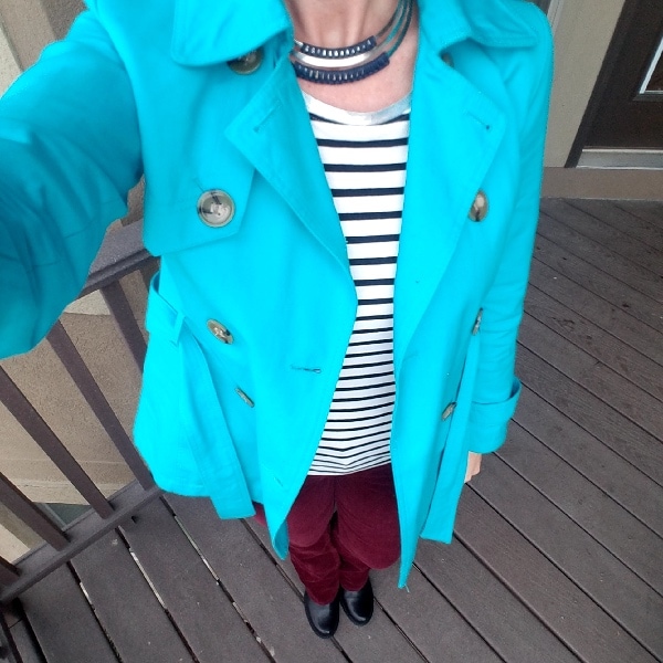 burgundy corduroy and turquoise trench