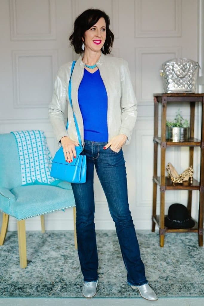 April from Stunning Style wearing wardrobe staples for classic style outfits.