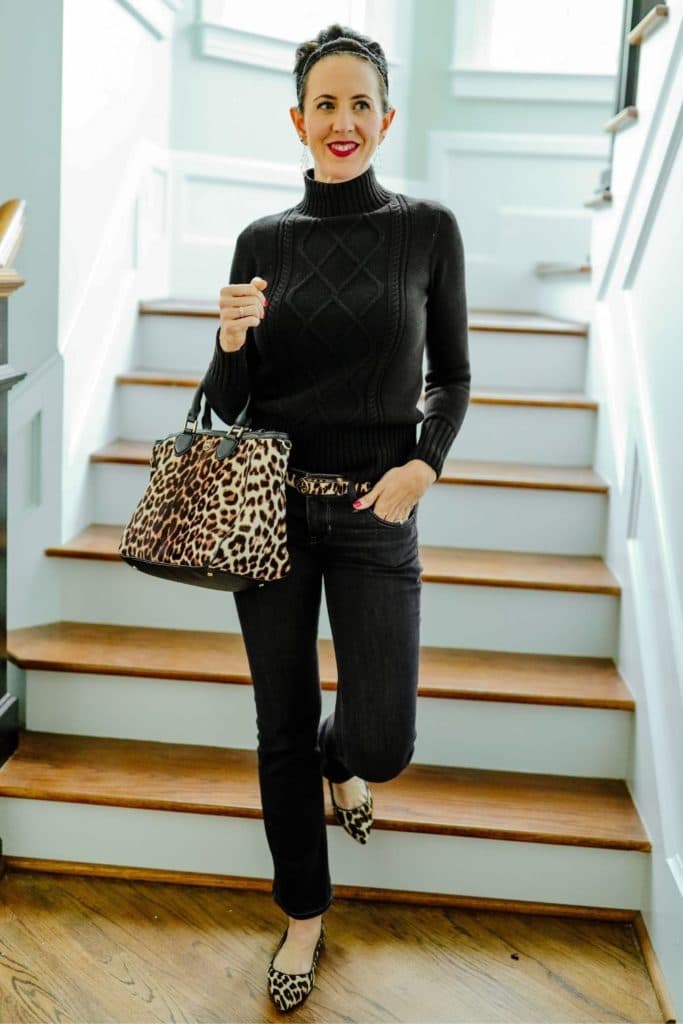 April from Stunning Style showing off her signature edgy classic style by wearing leopard print accessories and black minimal top and pants.