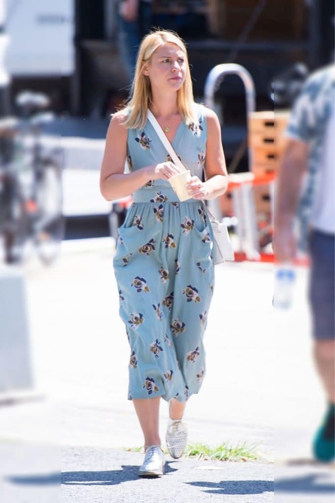 Claire Danes wearing a patterned dress.