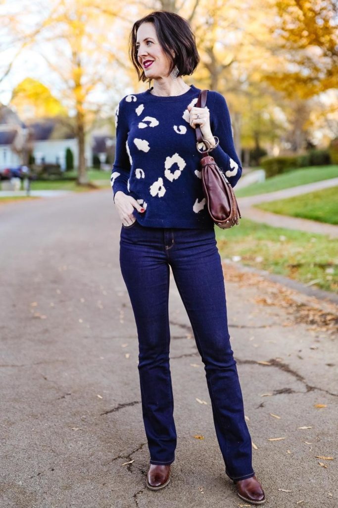 April from Stunning Style wearing a leopard pattern to transition her outfit from winter to spring.